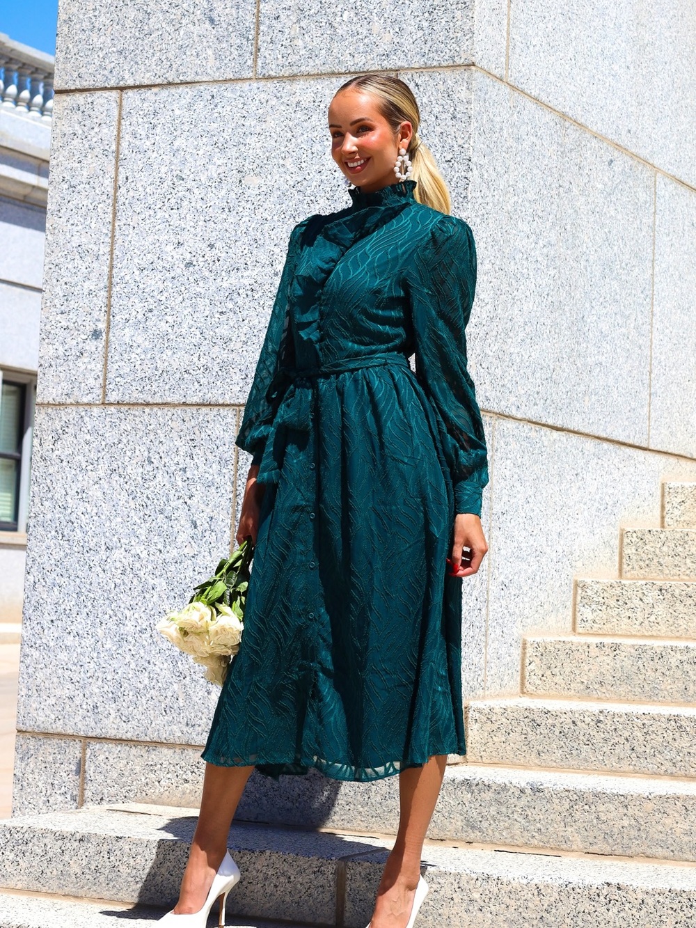 Flying Tomato Emerald Green High-Neck Midi Dress